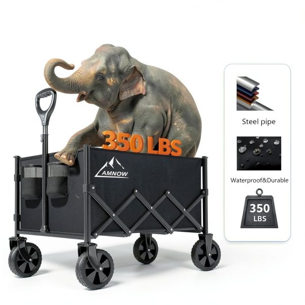 Collapsible Folding Wagon Cart, 350LBS Utility Large Capacity Cart Foldable Wagon with All Terrain Wheels, Grocery Wagons Carts for Garden Shopping Sports Camping, Black-1