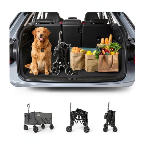 Collapsible Folding Wagon Cart, 350LBS Utility Large Capacity Cart Foldable Wagon with All Terrain Wheels, Grocery Wagons Carts for Garden Shopping Sports Camping, Black-6