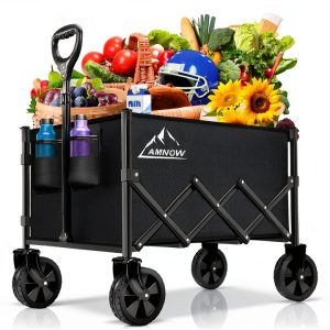 Collapsible Folding Wagon Cart, 350LBS Utility Large Capacity Cart Foldable Wagon with All Terrain Wheels, Grocery Wagons Carts for Garden Shopping Sports Camping, Black-0