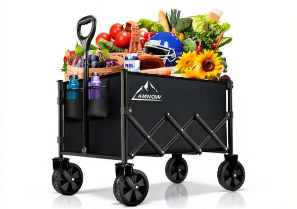 Collapsible Folding Wagon Cart, 350LBS Utility Large Capacity Cart Foldable Wagon with All Terrain Wheels, Grocery Wagons Carts for Garden Shopping Sports Camping, Black-0